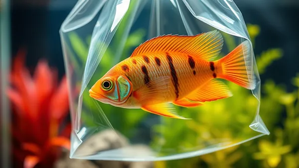 Peixe tropical dentro de saco plástico flutuando na superfície de aquário plantado durante aclimatação