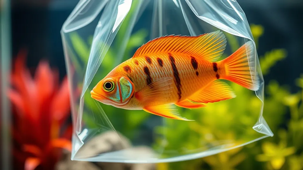 Peixe tropical dentro de saco plástico flutuando na superfície de aquário plantado durante aclimatação