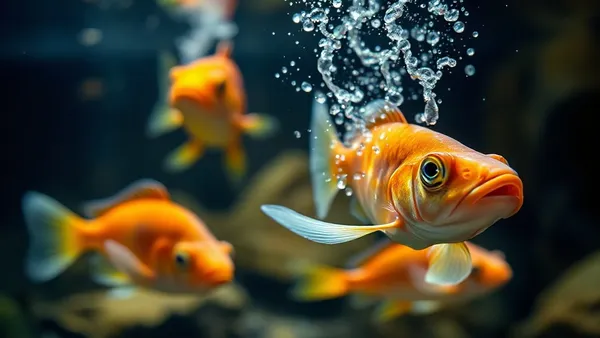 Aquário de água doce com peixes próximos à superfície e aeração visível