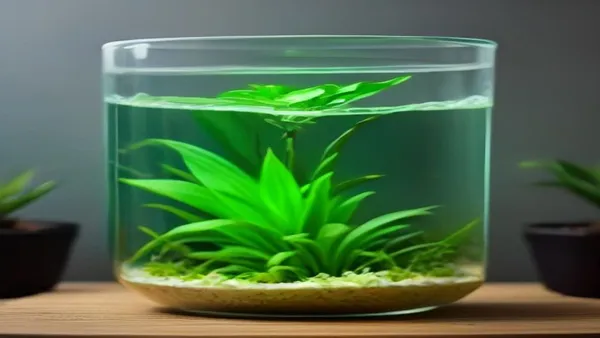Vaso de vidro com betta e plantas vivas sobre uma bancada, sem filtro visível