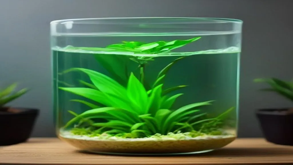 Vaso de vidro com betta e plantas vivas sobre uma bancada, sem filtro visível