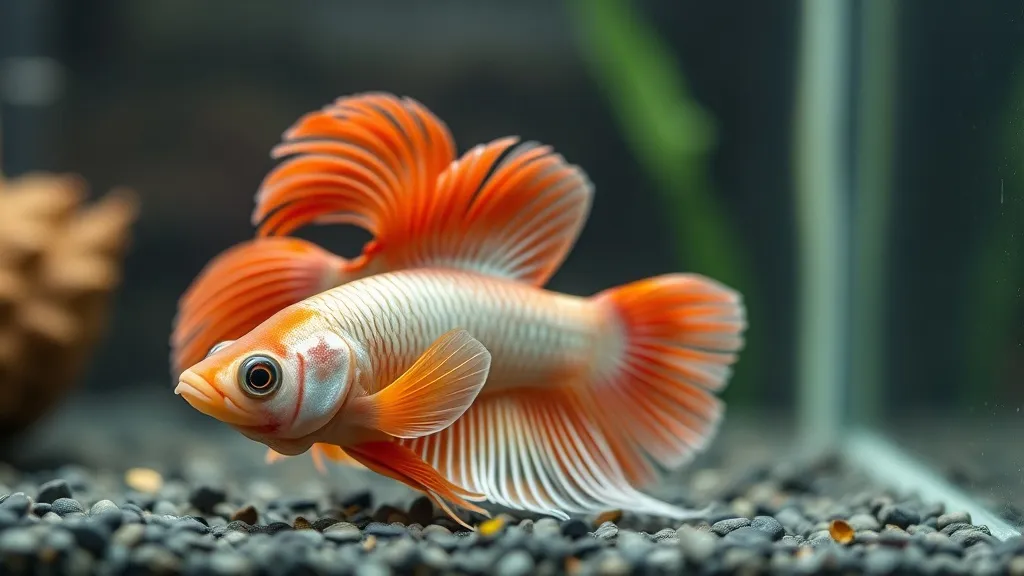 Betta macho com cores apagadas repousando no fundo de aquário com substrato escuro e iluminação tênue