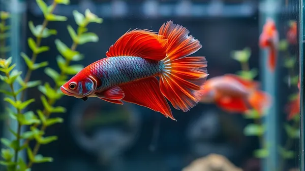 Betta macho com nadadeiras coloridas em aquário plantado com coridoras ao fundo