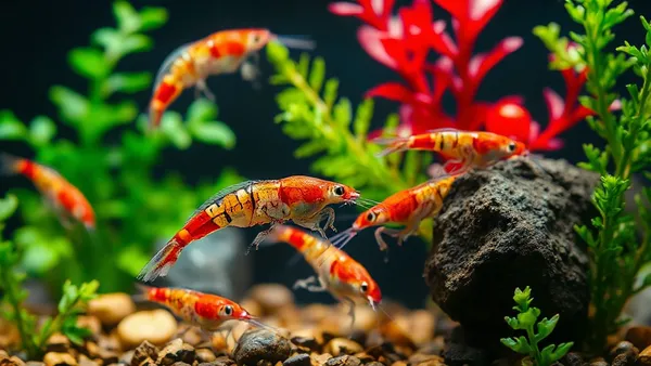 Camarões Cherry vermelhos em aquário plantado com musgo e substrato escuro