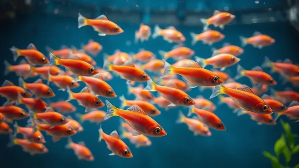 Cardume de neon tetra nadando em grupo compacto em aquário plantado