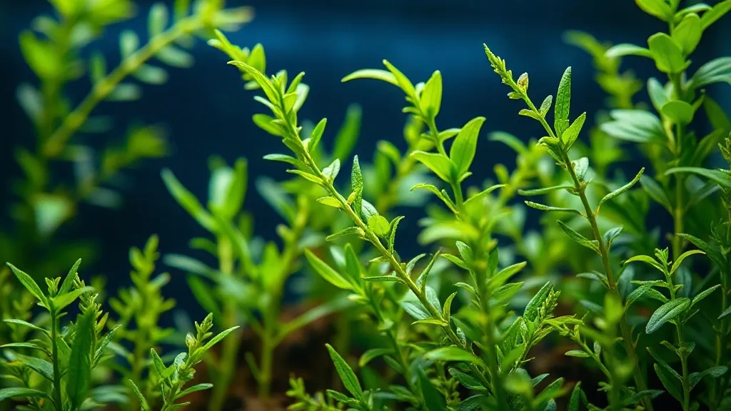 Aquário plantado com folhagem verde densa em primeiro plano, iluminação suave