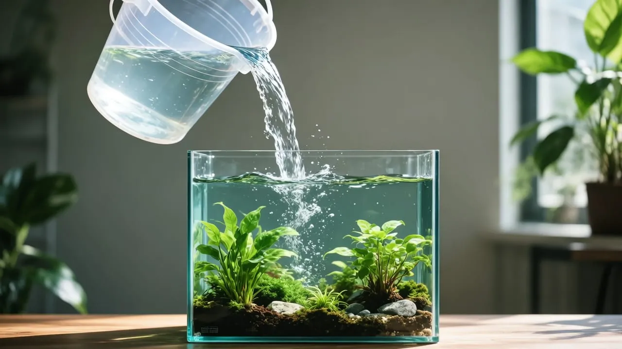Água sendo despejada de um balde dentro de um aquário de água doce plantado