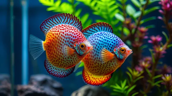Discus coloridos em aquário plantado com decoração amazônica e água levemente escurecida