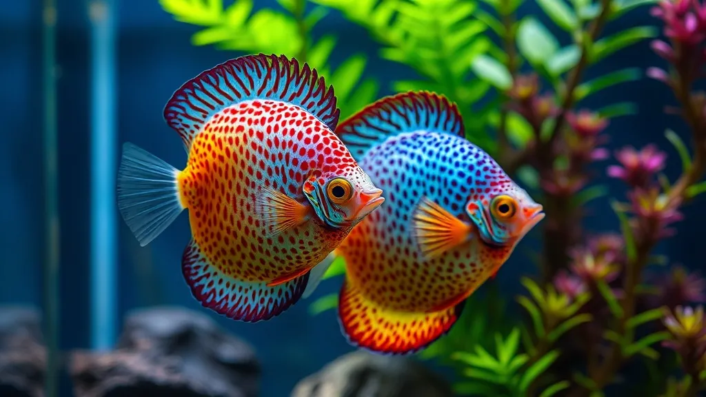 Discus coloridos em aquário plantado com decoração amazônica e água levemente escurecida