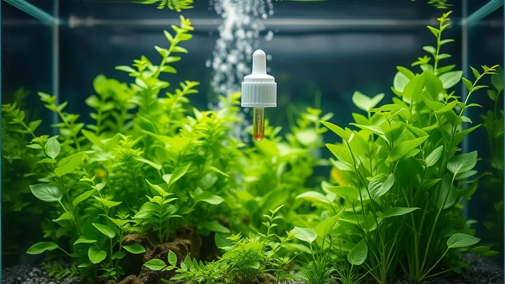 Aquário plantado com vegetação verde densa e frasco conta-gotas de fertilizante líquido ao lado
