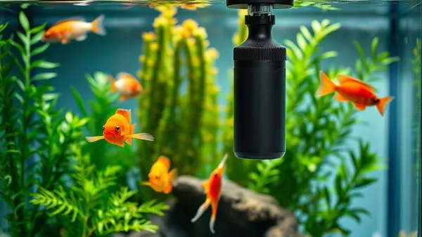 Filtro canister externo conectado a aquário plantado tropical com peixes ornamentais e vegetação aquática densa