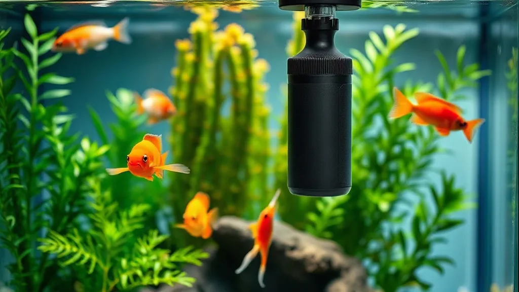 Filtro canister externo conectado a aquário plantado tropical com peixes ornamentais e vegetação aquática densa