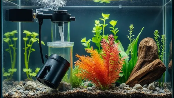 Filtro canister externo conectado a aquário plantado, mangueiras de entrada e saída visíveis