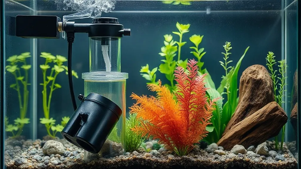 Filtro canister externo conectado a aquário plantado, mangueiras de entrada e saída visíveis