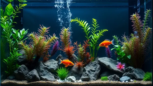 Aquário plantado com cardume de tetras pequenos em primeiro plano, água cristalina e iluminação suave