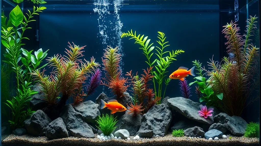 Aquário plantado com cardume de tetras pequenos em primeiro plano, água cristalina e iluminação suave