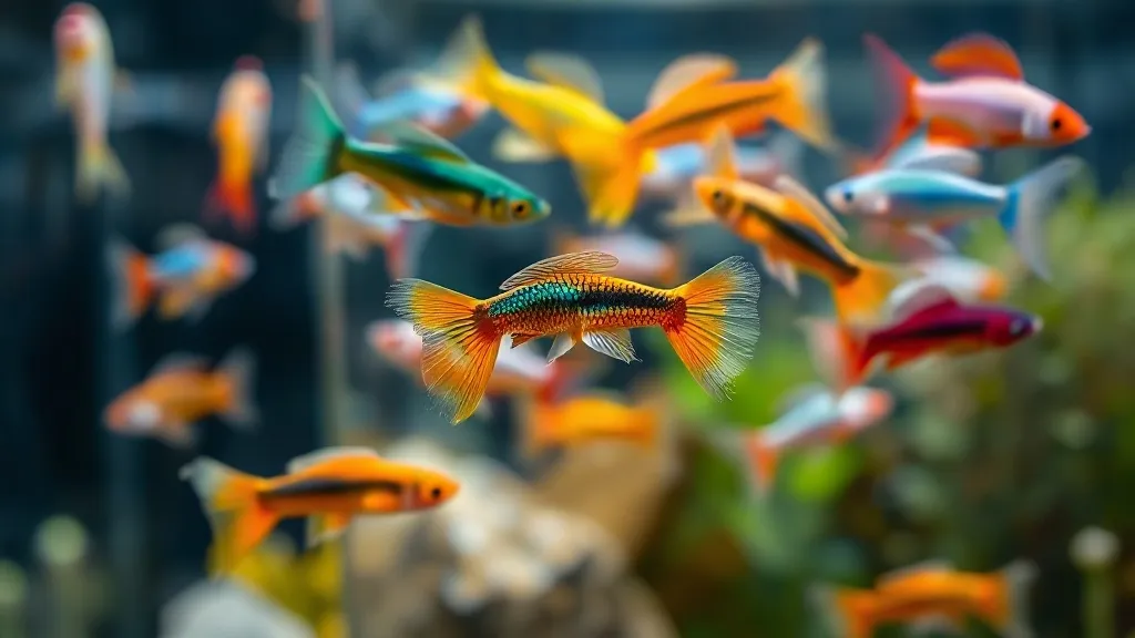 Aquário com guppies coloridos machos e fêmeas nadando entre plantas aquáticas