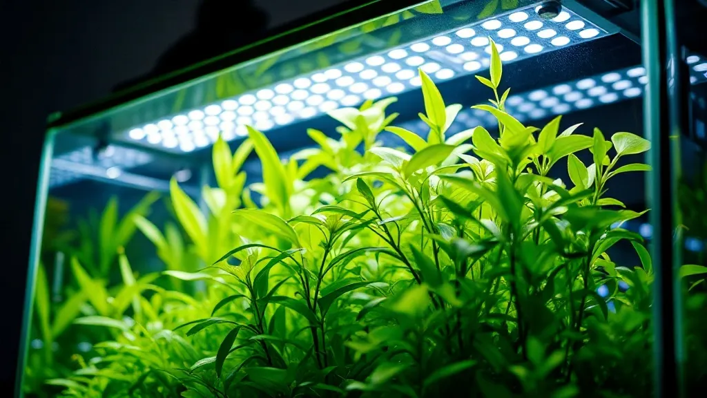 Aquário plantado iluminado por luminária LED branca intensa, com vegetação aquática verde densa e água cristalina