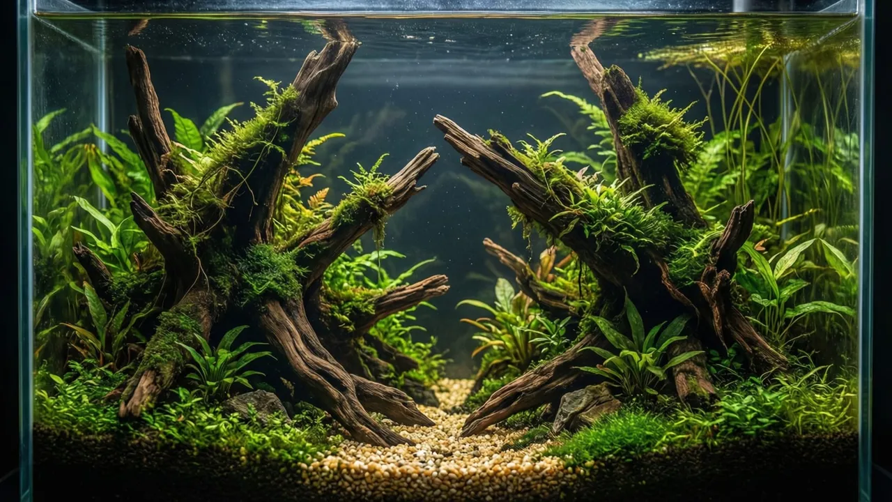 Madeira (driftwood) submersa em aquário plantado, água com leve coloração âmbar e plantas ao redor