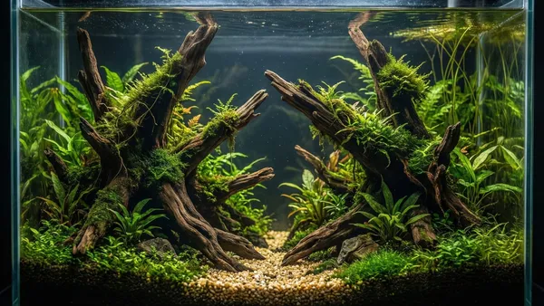 Madeira (driftwood) submersa em aquário plantado, água com leve coloração âmbar e plantas ao redor