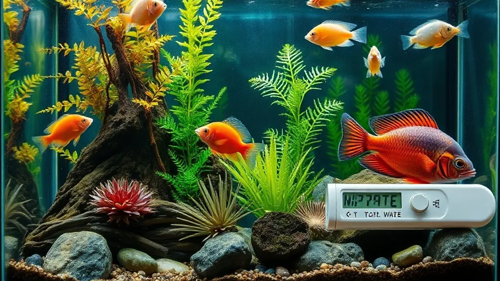 Aquário tropical plantado com peixes ornamentais e água cristalina, kit de teste de nitrato na frente
