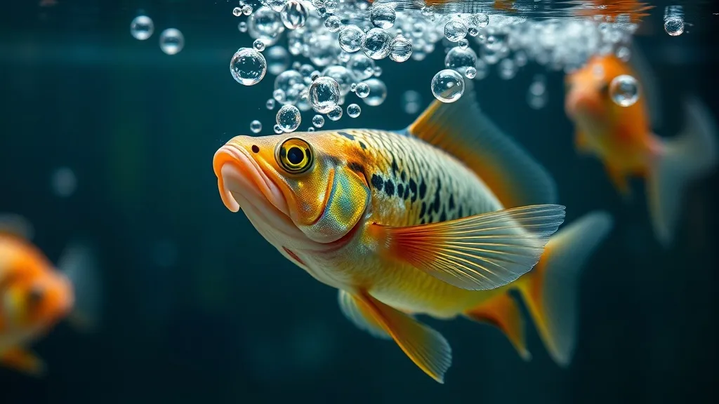 Peixe de aquário próximo à superfície da água entre bolhas de aeração