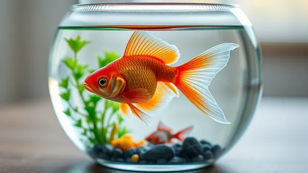 Peixe dourado kinguio nadando em aquário redondo pequeno de vidro