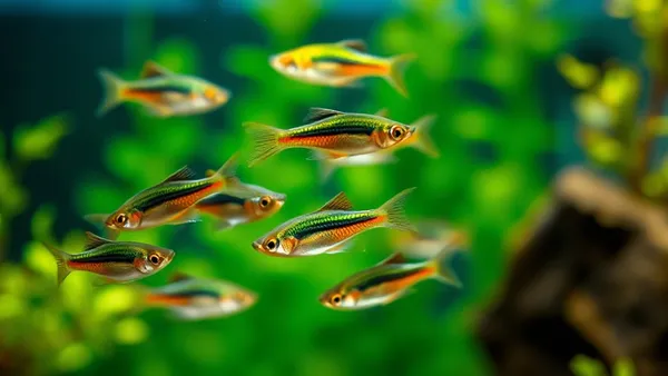 Aquário comunitário plantado de água doce com cardume de neons-cardinais nadando entre plantas e troncos