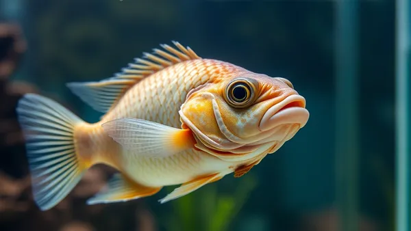 Peixe tropical em aquário de água doce com escamas danificadas visíveis, fundo escuro e iluminação lateral suave