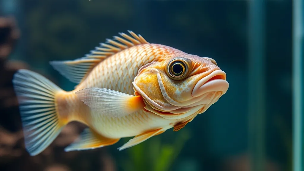 Peixe tropical em aquário de água doce com escamas danificadas visíveis, fundo escuro e iluminação lateral suave
