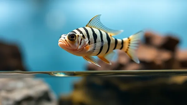 Peixe saltando próximo à superfície de um aquário de água doce, gotas d’água visíveis no ar