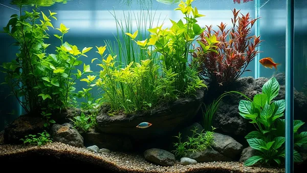 Aquário plantado bem estabelecido com peixes nadando, sem alimentador automático visível