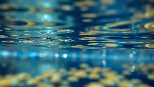 Close da superfície de um aquário com película oleosa e iridescente refletindo a luz