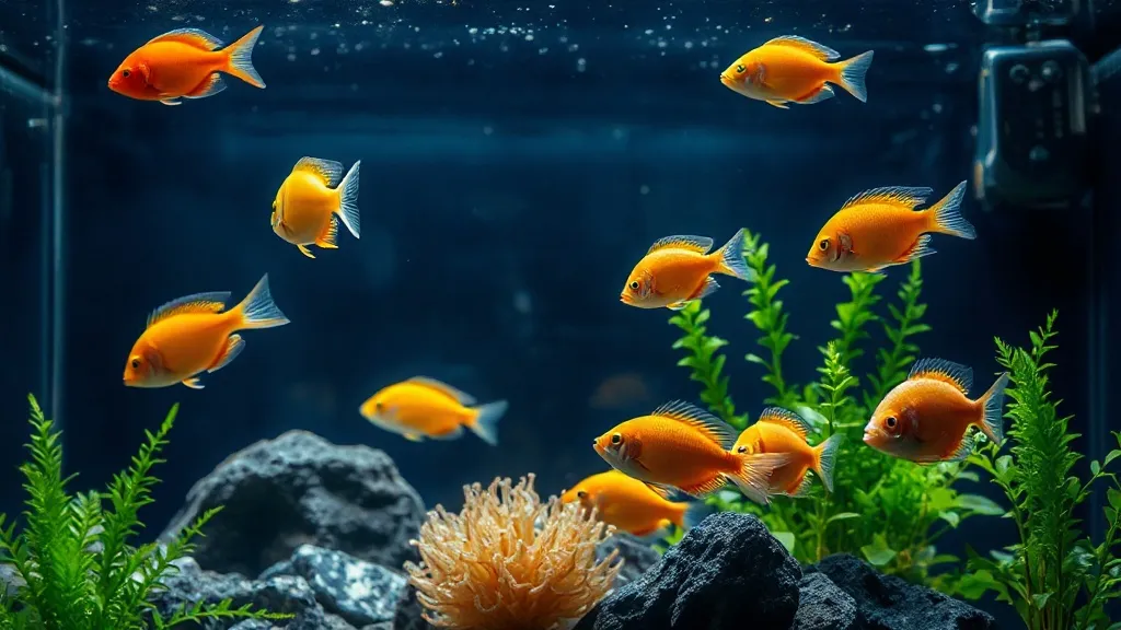 Aquário plantado com peixes tropicais coloridos em água cristalina, folhagem verde densa