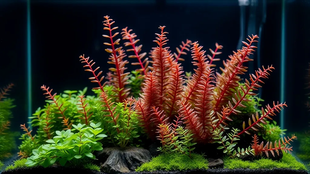 Aquário plantado com detalhes de plantas raras de folhas coloridas e texturas variadas sob iluminação LED
