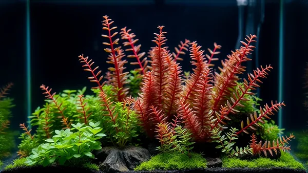 Aquário plantado com detalhes de plantas raras de folhas coloridas e texturas variadas sob iluminação LED