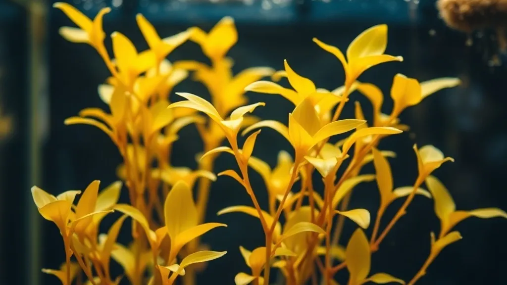 Aquário plantado com folhas de planta aquática apresentando coloração amarelada e furos nas margens