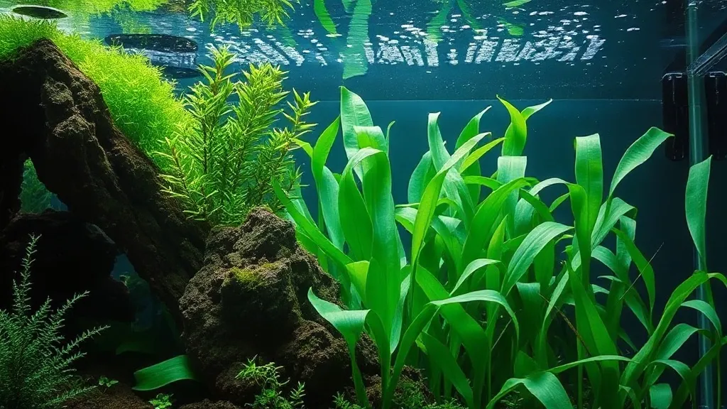Aquário plantado exuberante com diversas plantas aquáticas verdes em diferentes alturas