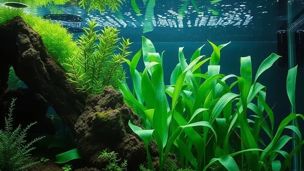 Aquário plantado exuberante com diversas plantas aquáticas verdes em diferentes alturas