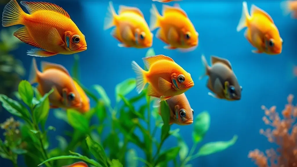 Peixes coloridos subindo à superfície de um aquário plantado para comer flocos de ração