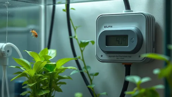 Aquário plantado iluminado em ambiente doméstico, com plantas verdes e água cristalina