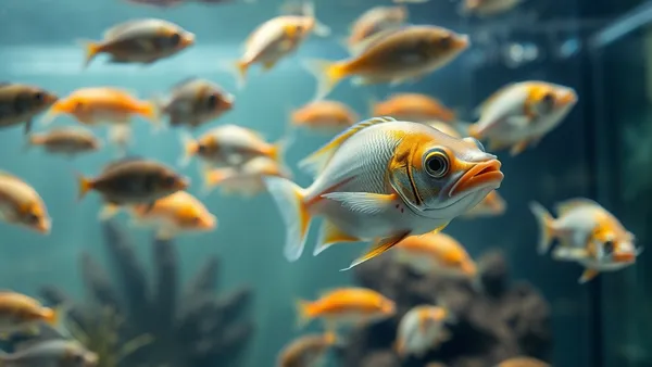 Aquário de quarentena simples com peixe tropical isolado, fundo escuro e filtro suspenso