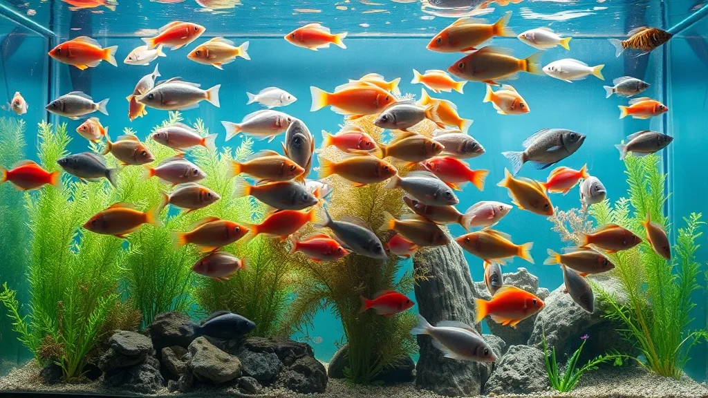Aquário tropical com cardume denso de peixes coloridos em sobrepopulação, plantas aquáticas ao fundo e iluminação quente