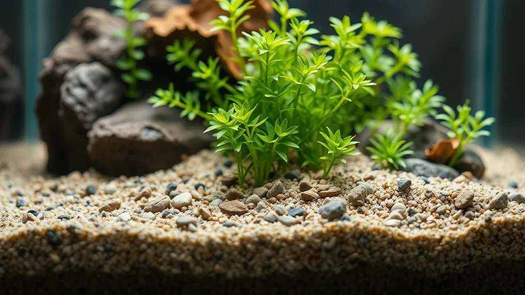 Aquário plantado com substrato fértil escuro e plantas aquáticas de diferentes espécies