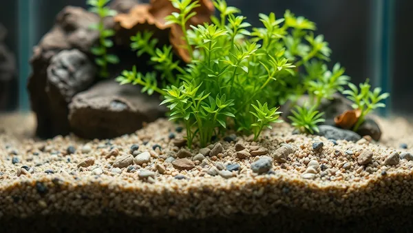 Aquário plantado com substrato fértil escuro e plantas aquáticas de diferentes espécies