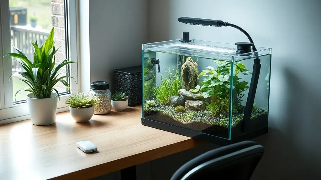 Aquário plantado de mesa com peixes ornamentais, ideal para iniciante começar no hobby
