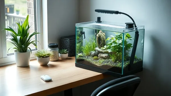 Aquário plantado de mesa com peixes ornamentais, ideal para iniciante começar no hobby