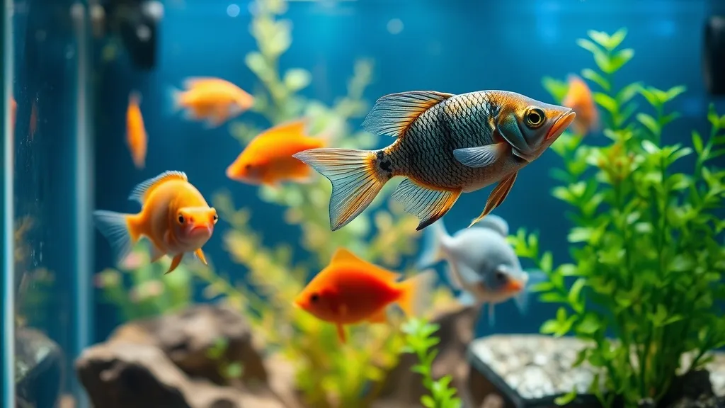 Aquário de água doce tropical com peixes coloridos e plantas aquáticas em ambiente doméstico iluminado