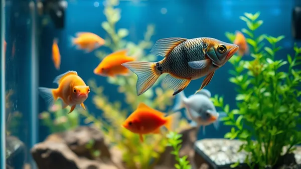 Aquário de água doce tropical com peixes coloridos e plantas aquáticas em ambiente doméstico iluminado