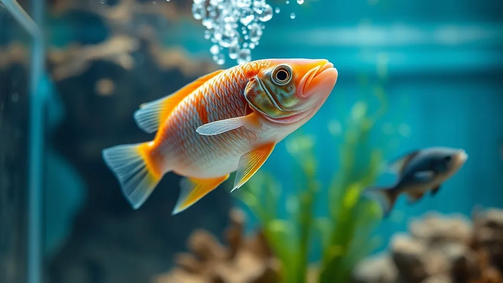 Aquário de água doce com peixes ornamentais durante troca parcial de água com mangueira de sifonagem